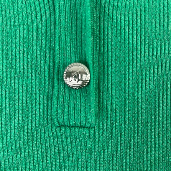 Karl Lagerfeld Paris Ribbed Knit Polo Top Short Sleeve Metallic Green L - Picture 5 of 11